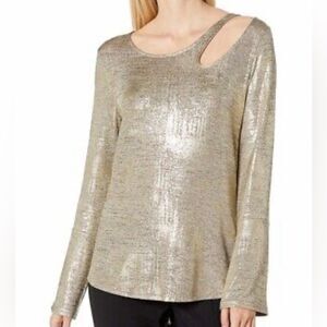 Skinnygirl Gold Metallic Foil Long Sleeve Tunic Top Tee Small